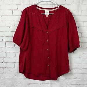 Knox Rose Shirt Womens Large Button Down Blouse Top Puff Sleeve Eyelet Lace Red